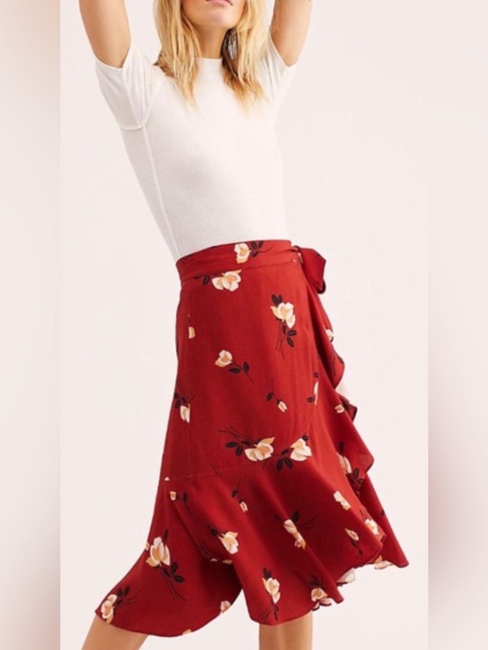 Free People Heart of the City Wrap Skirt Floral Ruffle Red Size 4 NWT